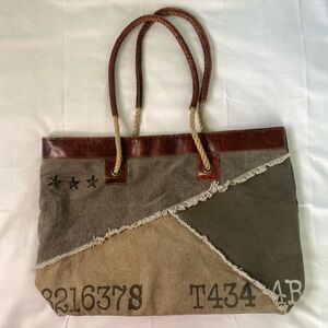 Mona B Canvas Patchwork Tote Bag in Brown and Olive